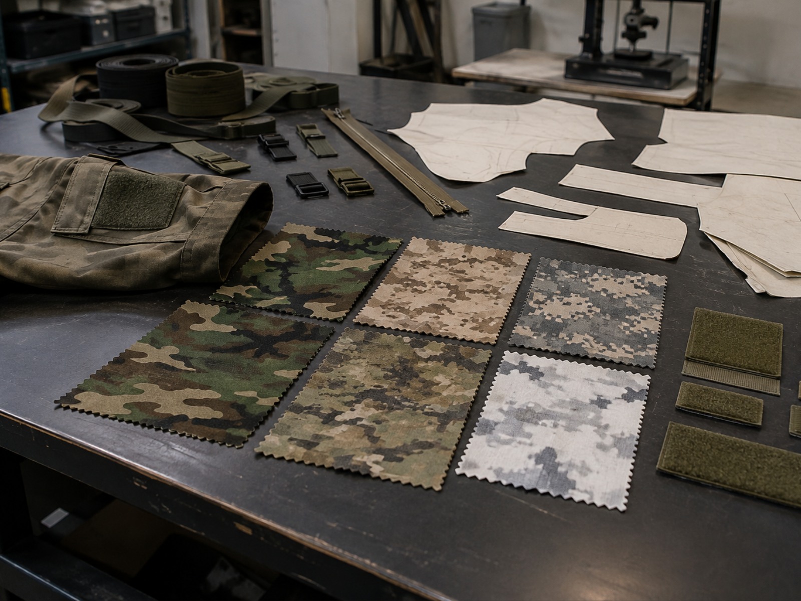 Tactical apparel customization - collar, pocket, zipper, reinforcement, label and logo options on a factory table