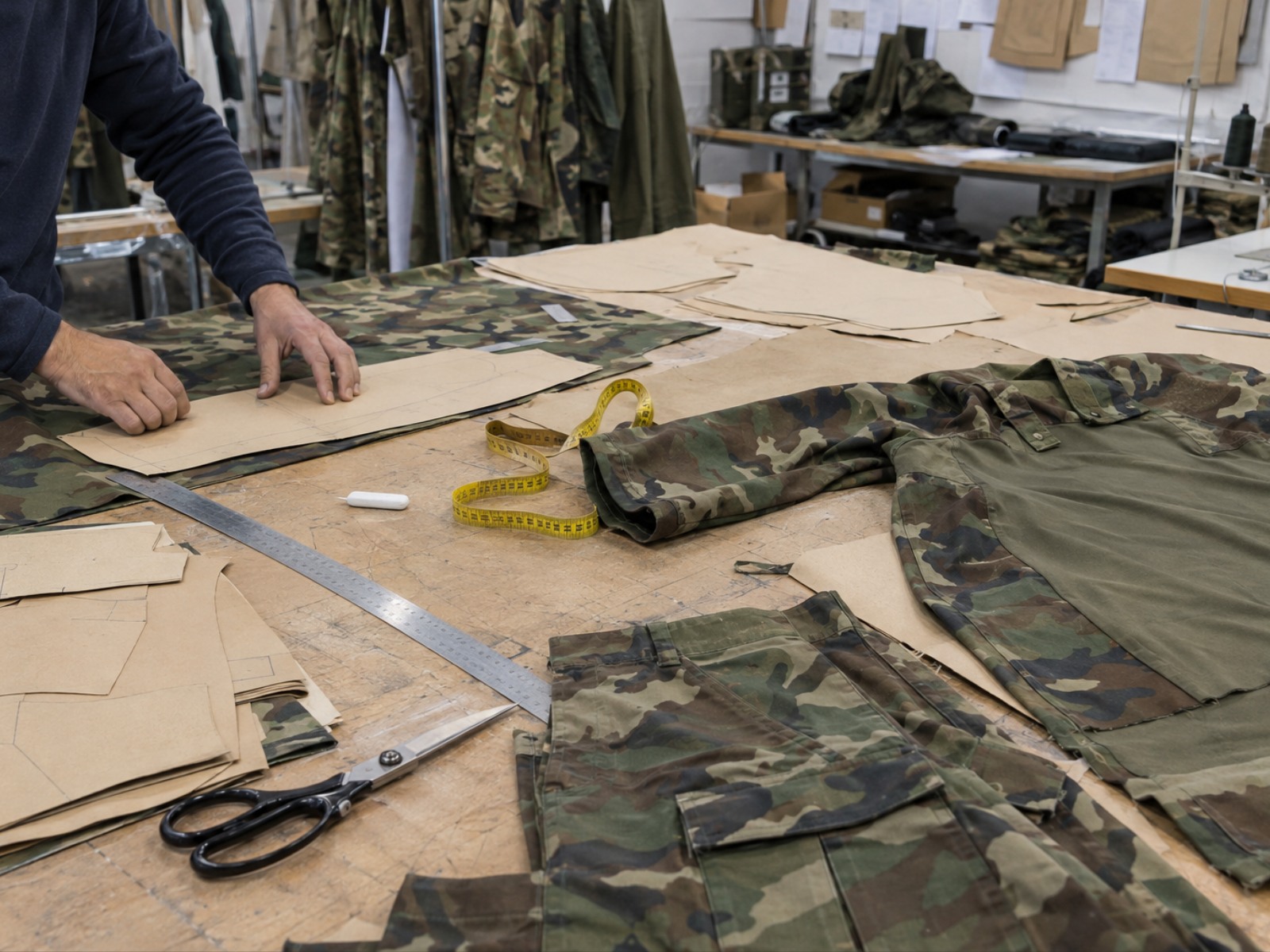 Tactical apparel pattern development - graded pattern pieces on a factory pattern table