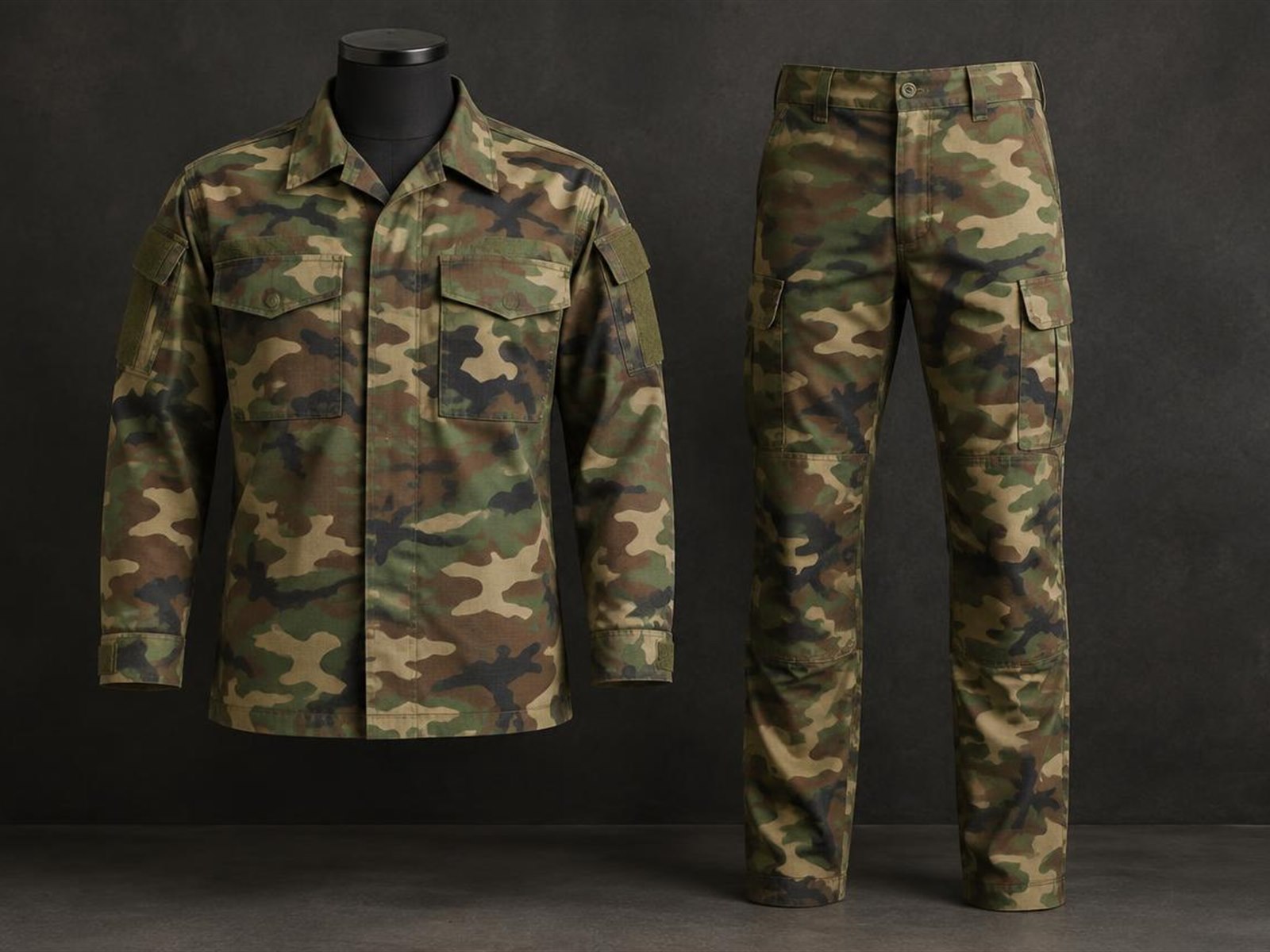 Custom camouflage uniform set printed to buyer artwork manufactured for OEM buyers