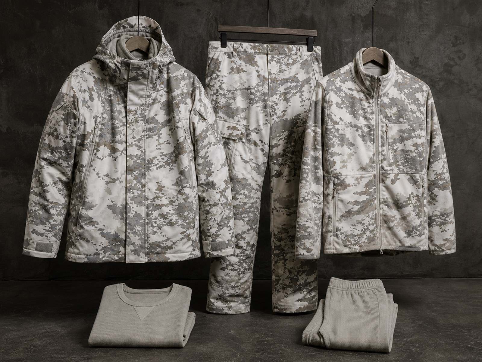 Cold weather uniform set with jacket, trouser, mid layer and base layer matched in colour and size for issue