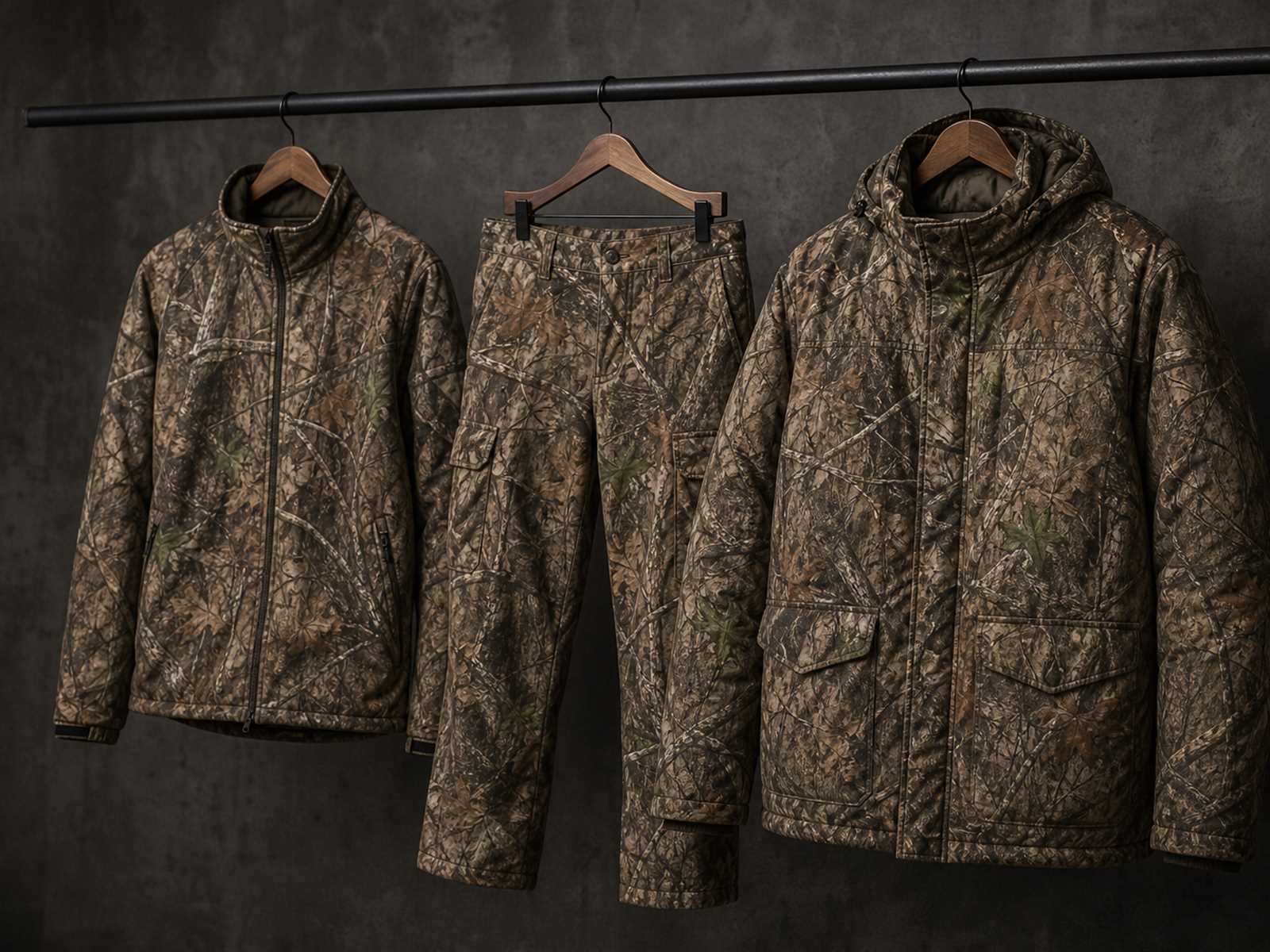 Custom camouflage hunting jacket and pants with quiet shell fabric manufactured for OEM buyers