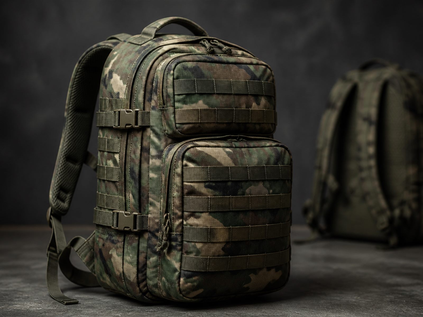 Custom MOLLE tactical backpack with reinforced load-bearing straps manufactured for OEM buyers
