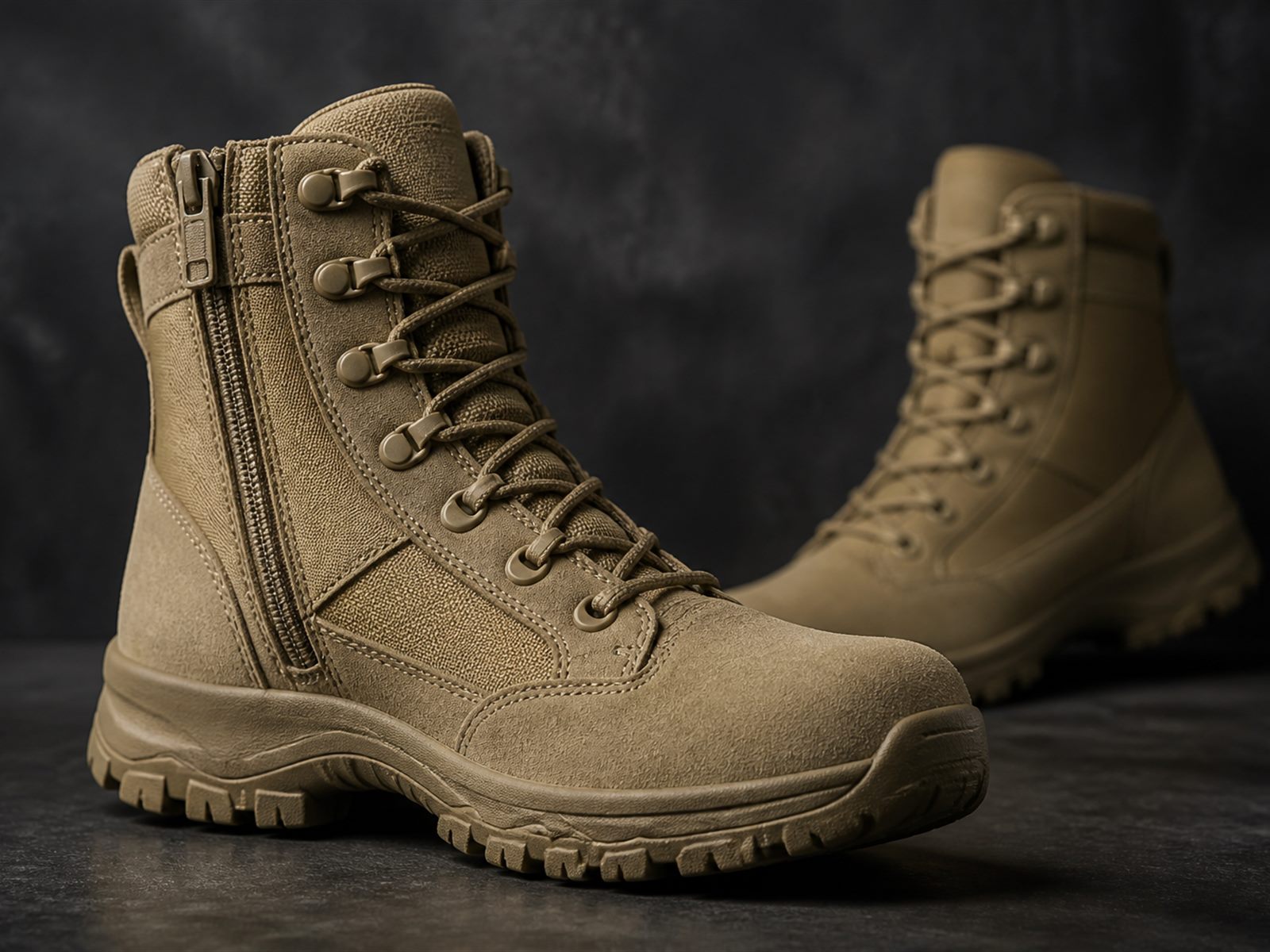 Custom tactical boots with side zip and rubber outsole manufactured for OEM uniform programmes