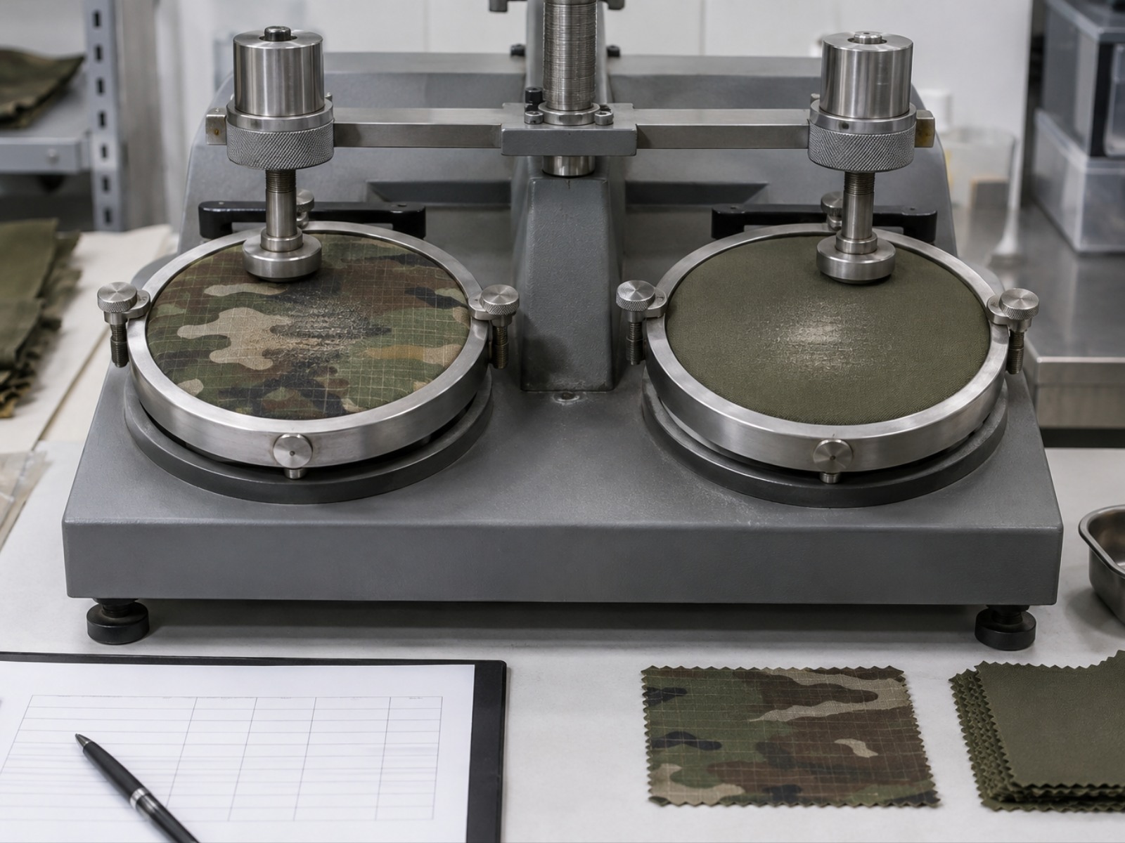 Abrasion test specimen clamped in the Field Lab fabric testing instrument