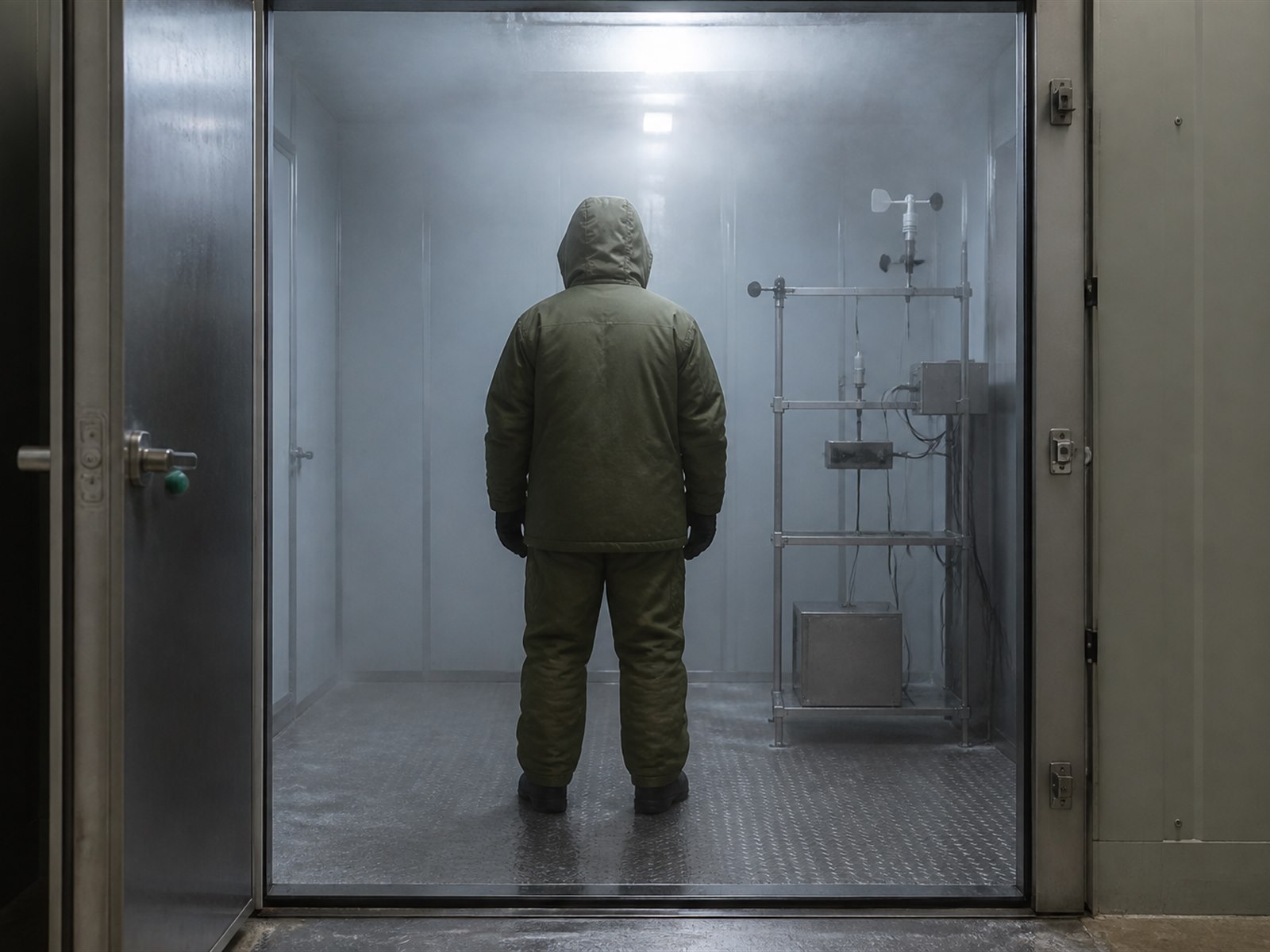 Cold chamber test with a wearer in a full cold weather layer stack and instrumentation in the Field Lab