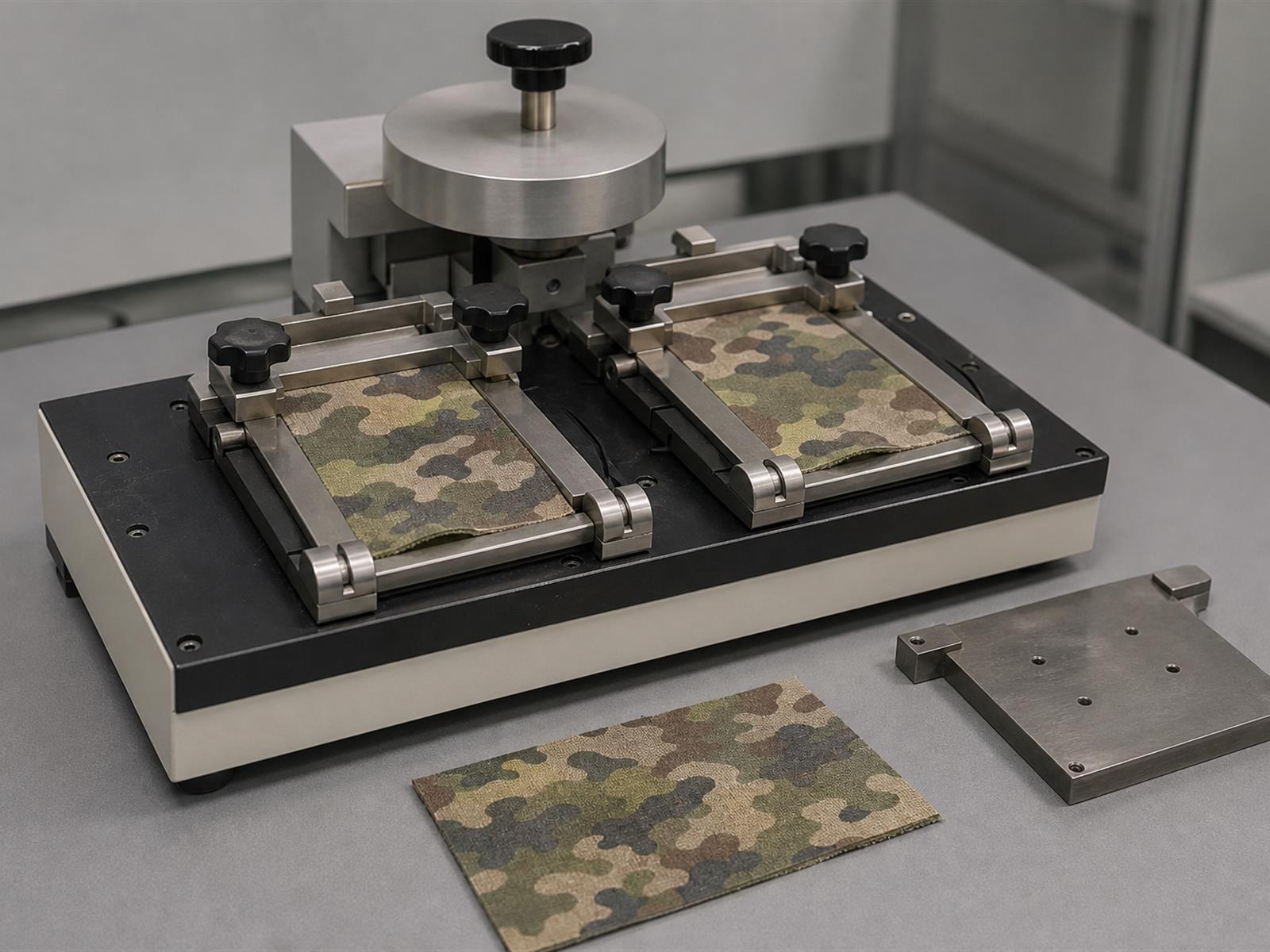 Cold weather abrasion test with fabric specimens mounted in the abrasion instrument in the Field Lab