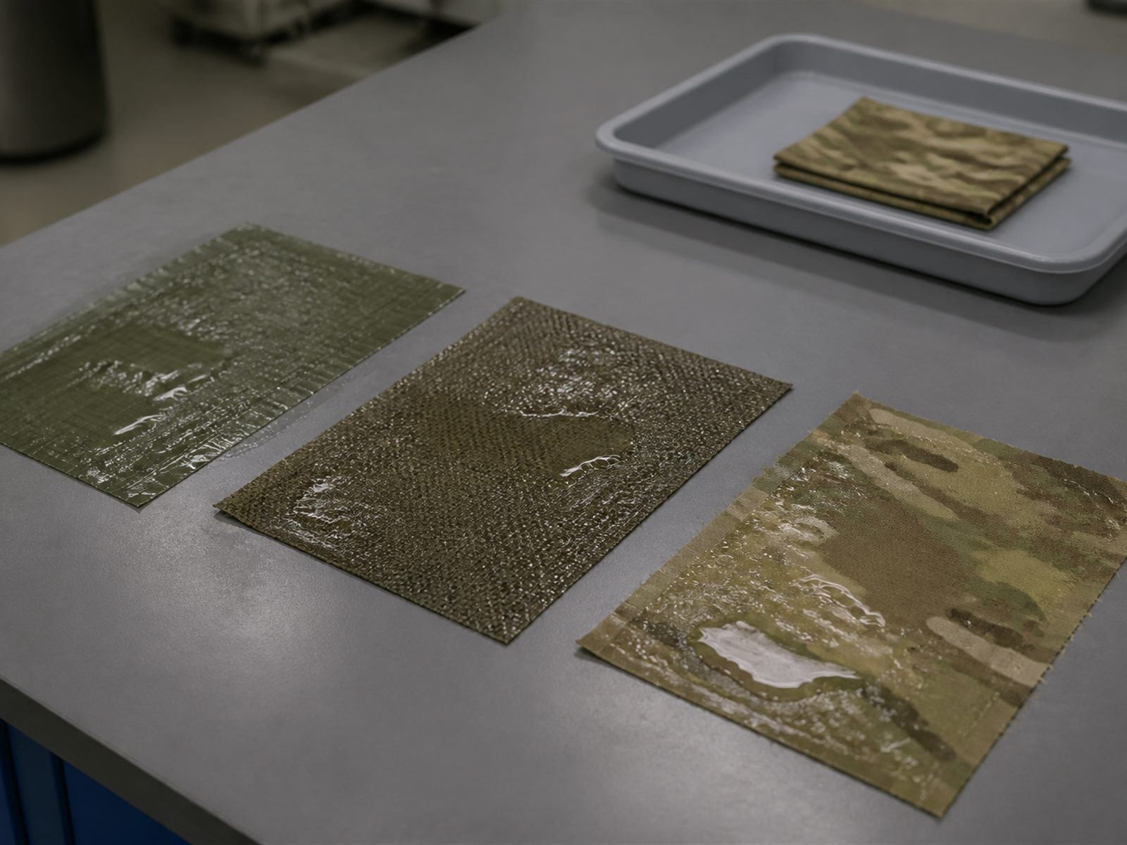 Quick dry test setup with wet tactical fabric specimens in the Field Lab