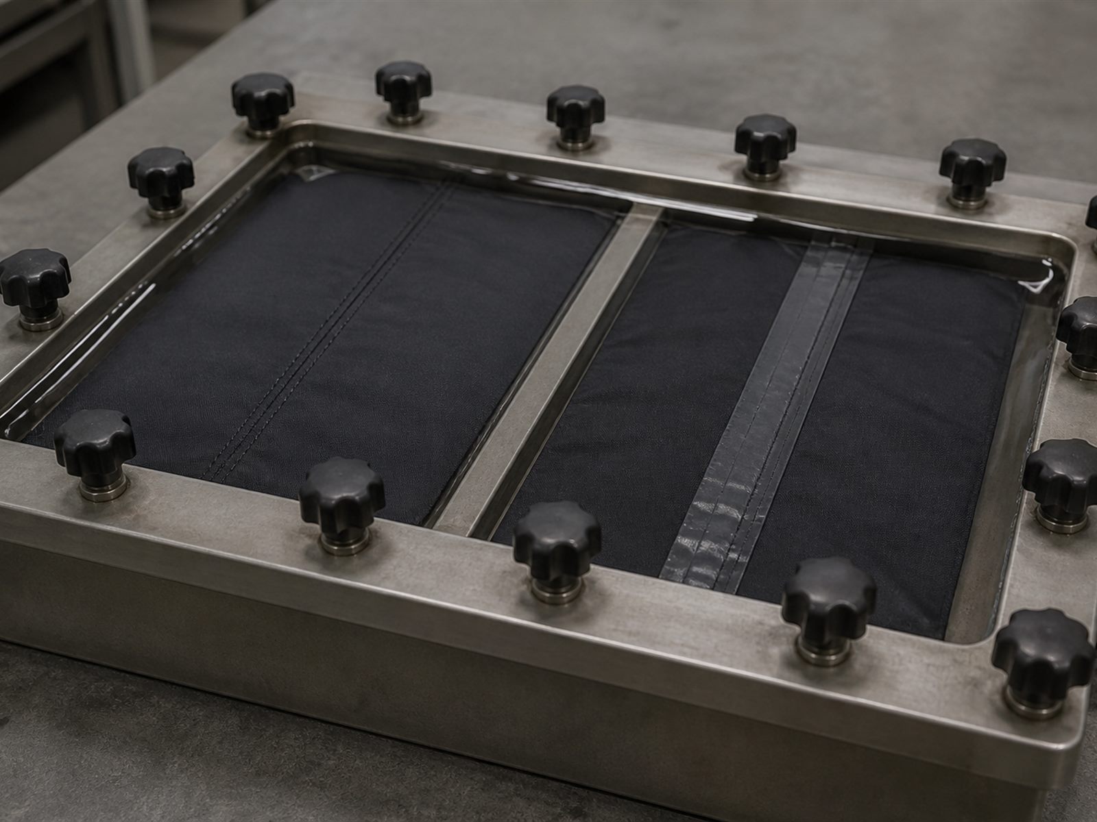 Seam leakage test with seamed and taped specimens mounted in the water penetration fixture in the Field Lab