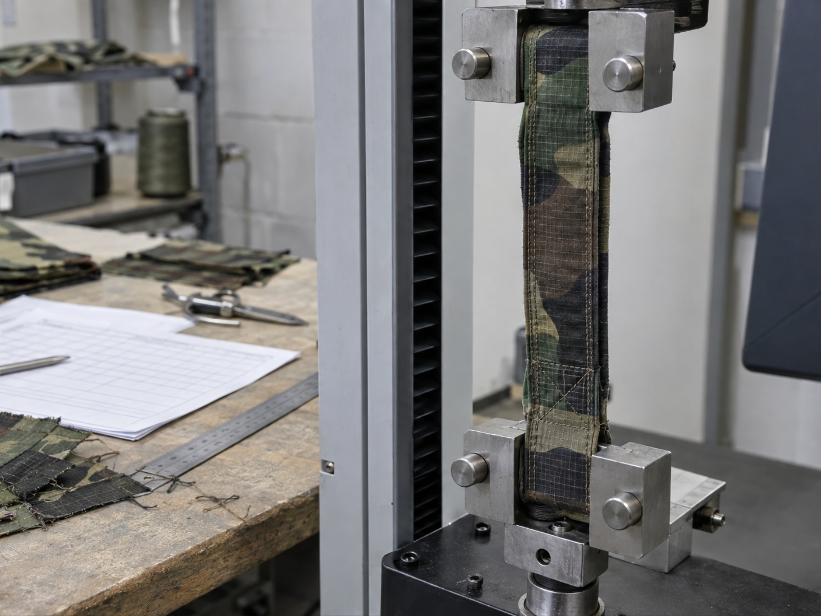 Seam strength test specimen mounted in the tensile fixture in the Field Lab