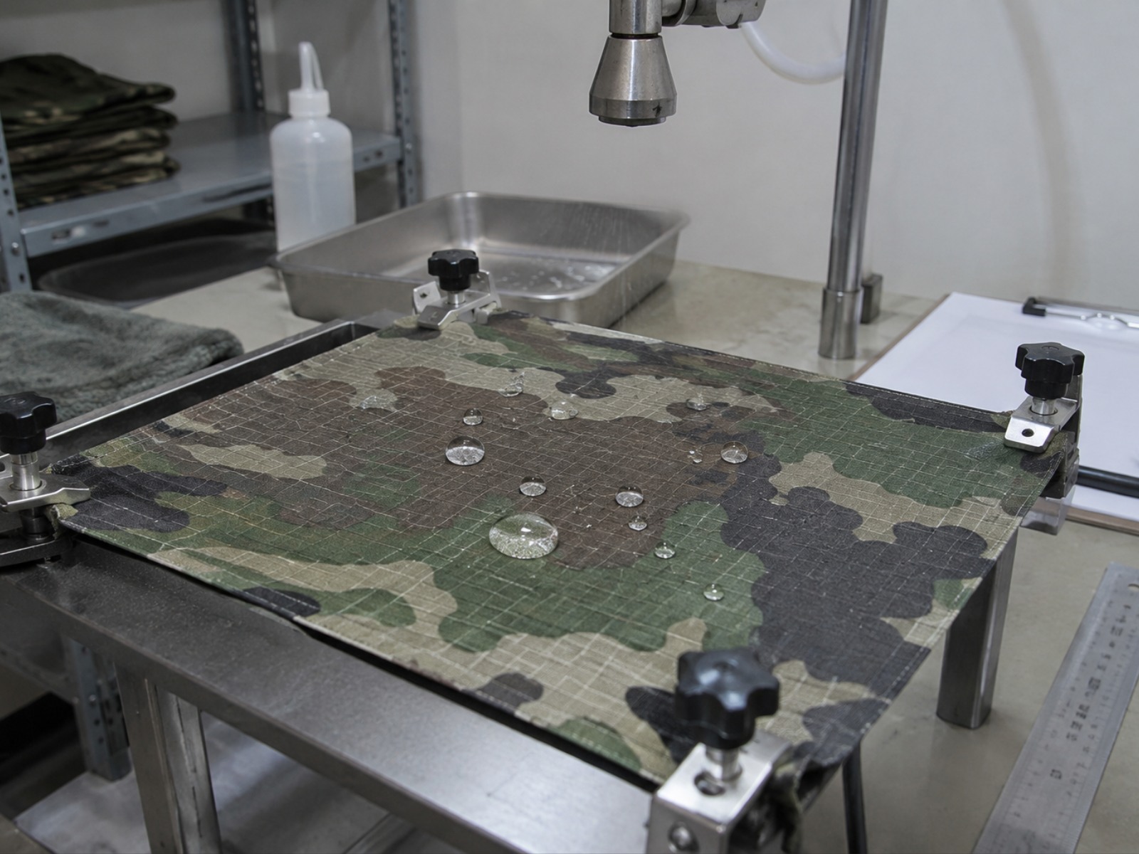 Water repellency spray test on tactical shell fabric in the Field Lab