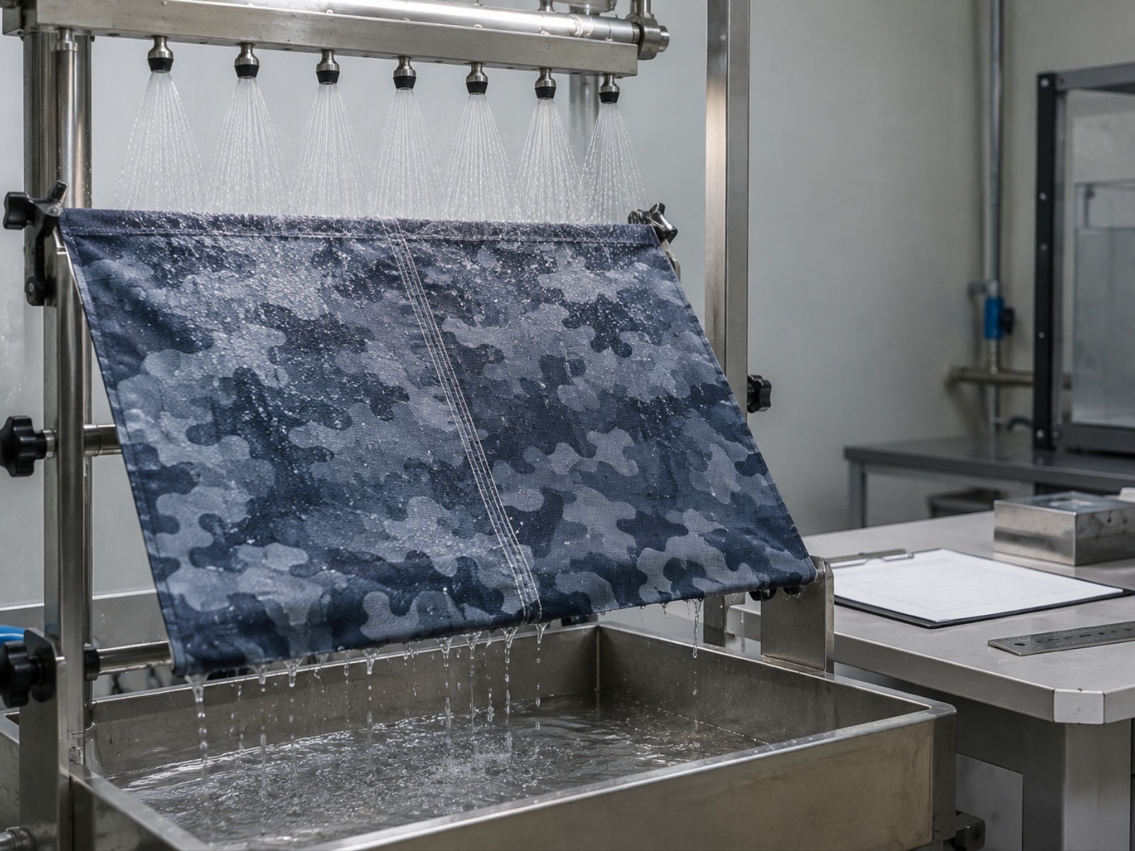 Waterproof construction test with a garment panel mounted in the water penetration fixture in the Field Lab