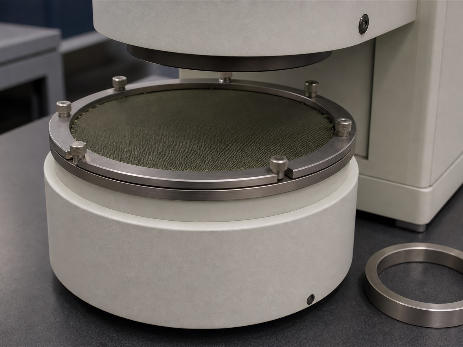 Wind resistance test with a shell fabric specimen clamped in the air permeability instrument in the Field Lab