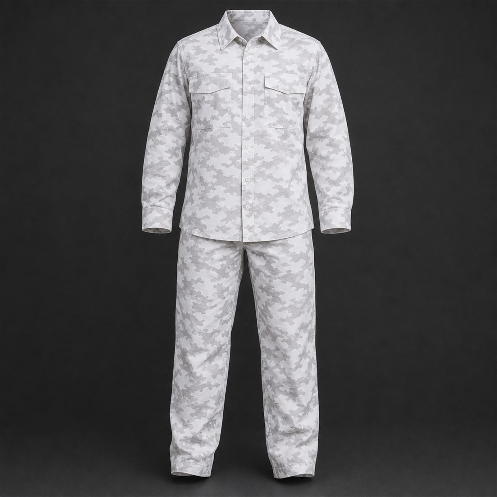 Cold weather uniform set with outer shell jacket, mid layer, base layers and matched cold weather trouser laid out as one outfit