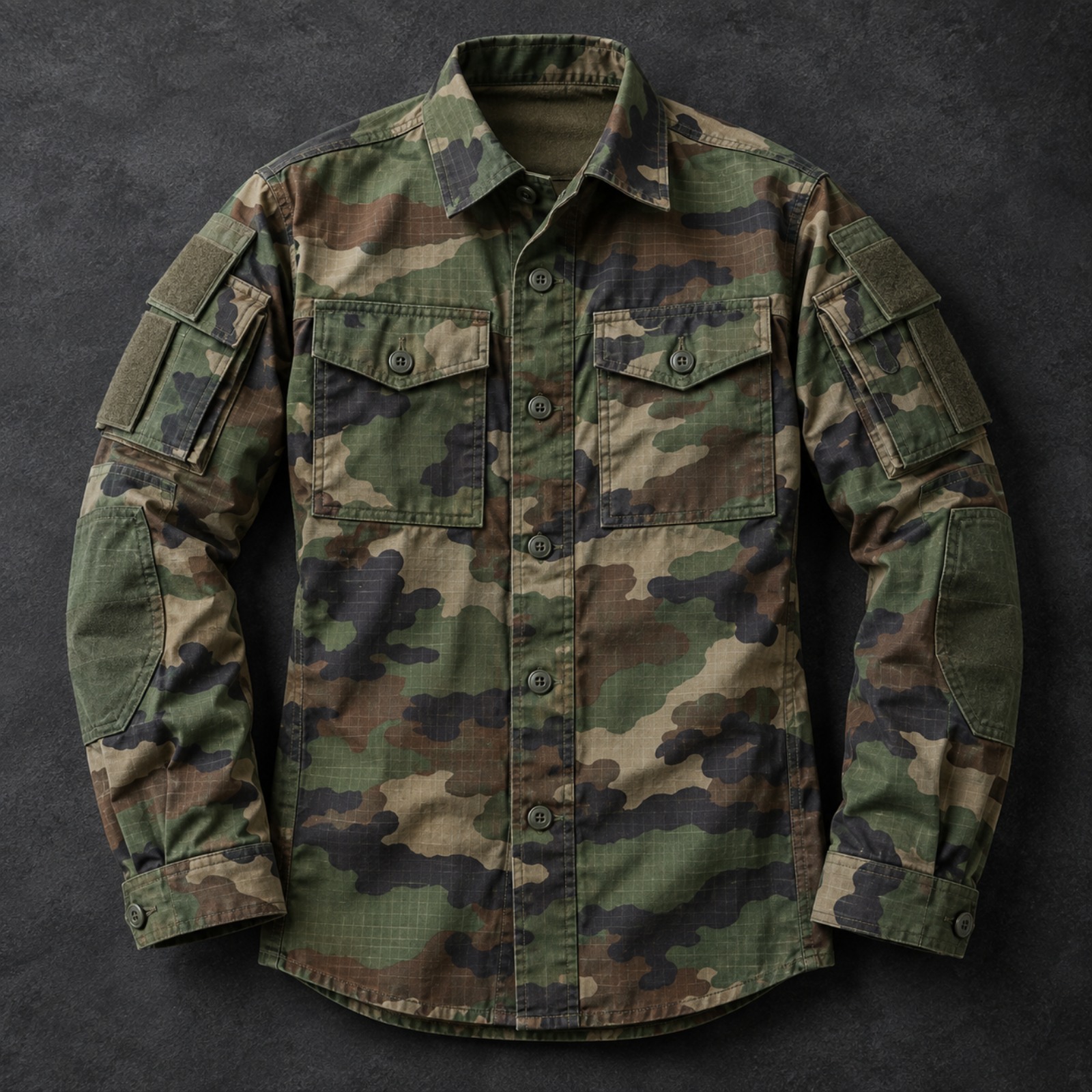 Heavy duty field combat shirt with reinforced shoulder loading point, elbow patch and button front placket
