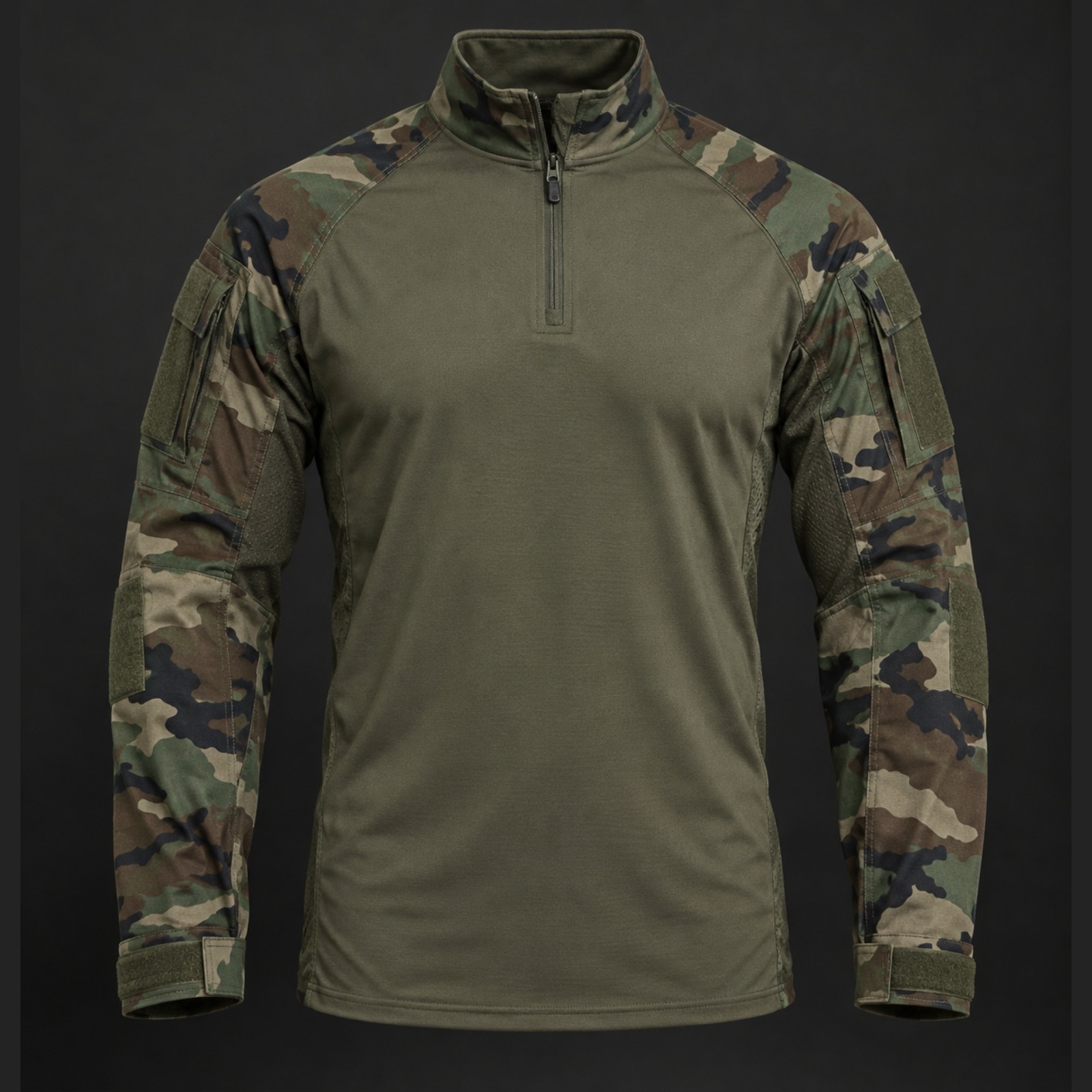 Ripstop combat shirt with grid weave sleeves, reinforced elbow panel and hook and loop cuff