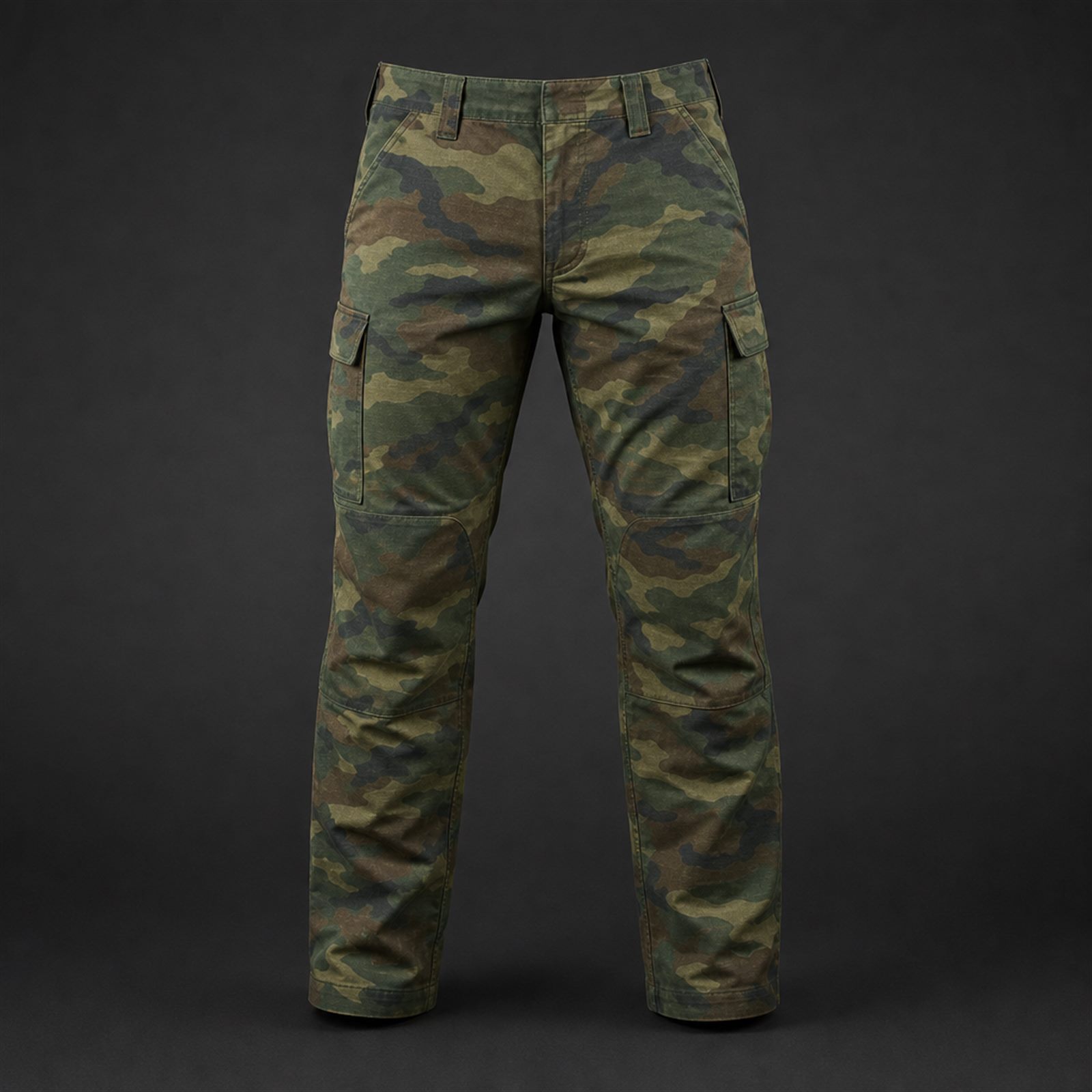 Stretch tactical pants with mechanical stretch shell, gusseted crotch and reinforced articulated knee