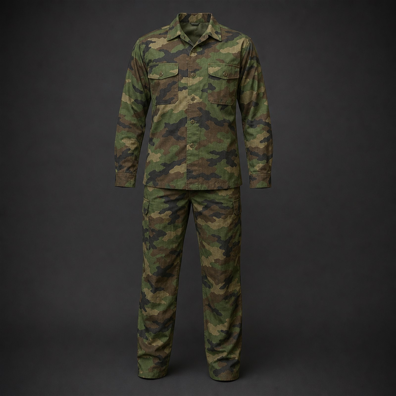 Hot weather tactical uniform set with lightweight combat shirt and ripstop tactical pants in matched camouflage